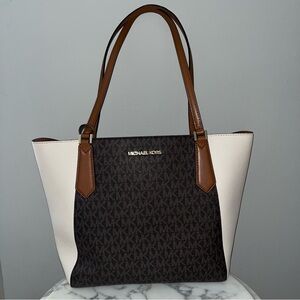 Michael Kors Brown and Cream Large Monogram Tote Bag with Signature Charm